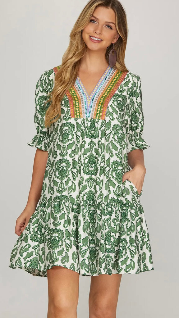 Statement Print Dress with Multi-Thread Trim