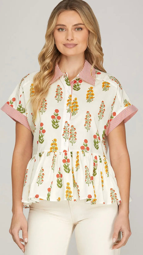 Botanical Print Stripe Trim Top