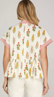 Botanical Print Stripe Trim Top