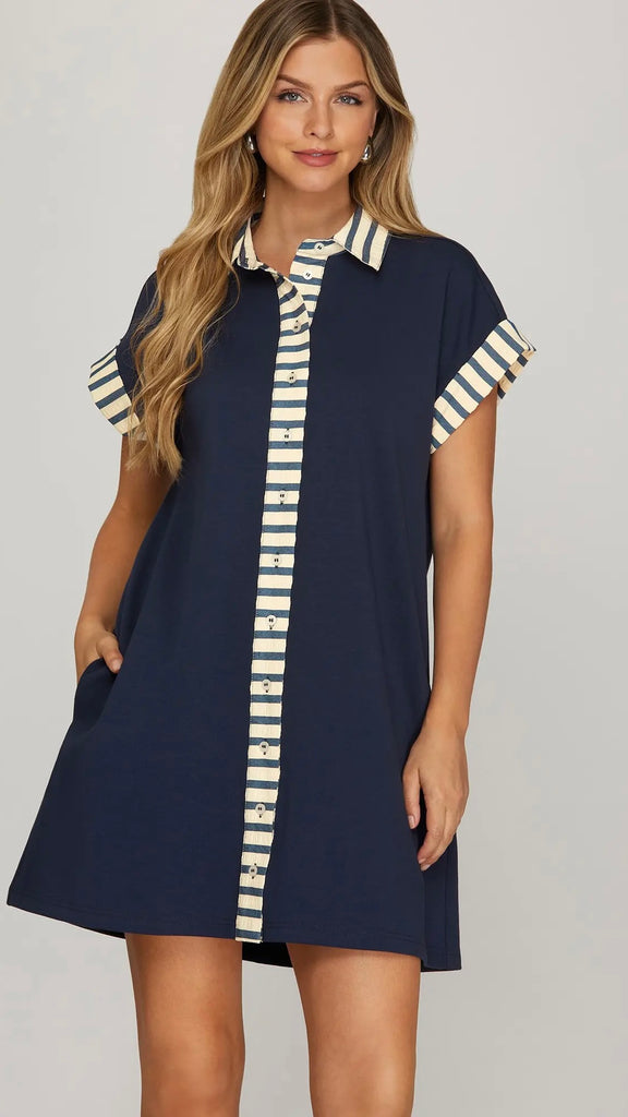 Stripe Trim Knit Dress with Pockets