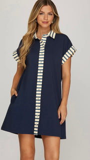 Stripe Trim Knit Dress with Pockets