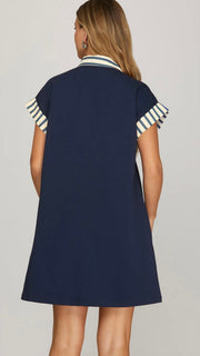 Stripe Trim Knit Dress with Pockets