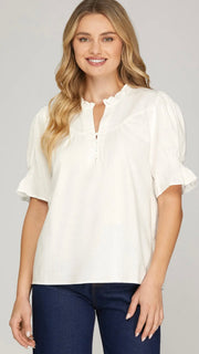 Split Neck Ruffle Puff Sleeve Top