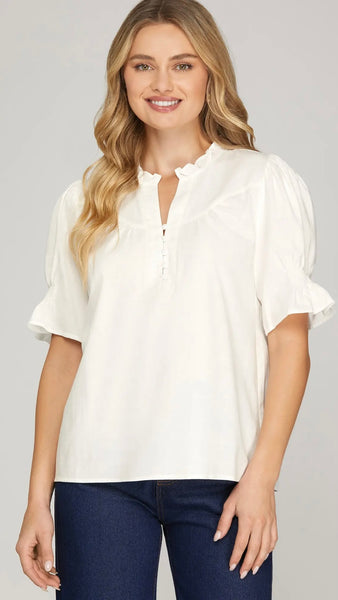 Split Neck Ruffle Puff Sleeve Top