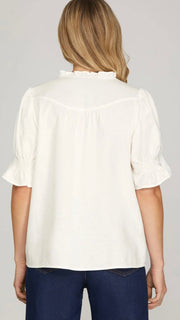 Split Neck Ruffle Puff Sleeve Top