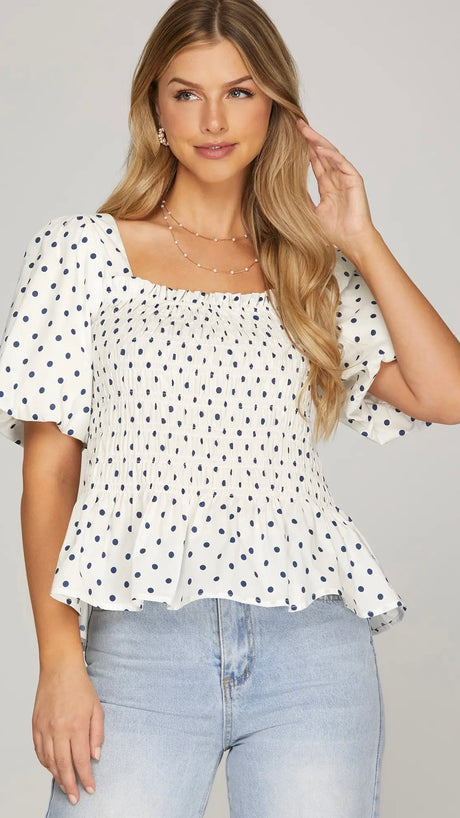 Polka Dot Smocked Peplum Hem Top