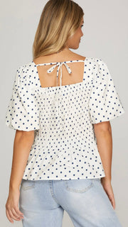 Polka Dot Smocked Peplum Hem Top