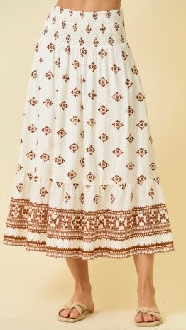 Border Print Smocked Waist Midi Skirt