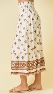 Border Print Smocked Waist Midi Skirt