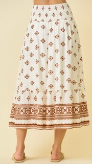 Border Print Smocked Waist Midi Skirt