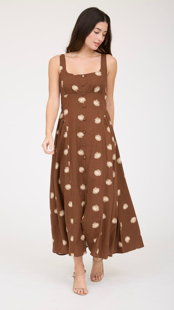 brown seashell dress Amalfi Seashell Print Button Down Sleeveless Midi Dress