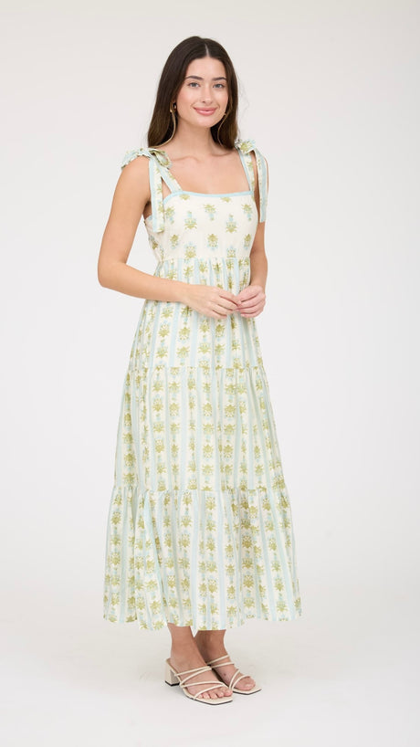 Floral+Stripe Tie Shoulder Midi Dress