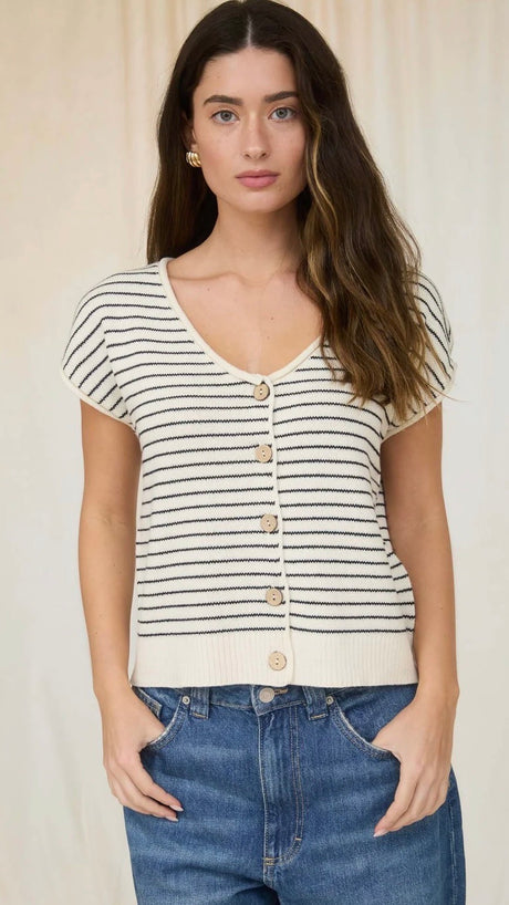 Stripe Button Front V-Neck Cardigan