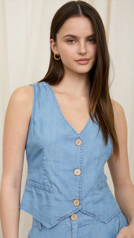 Chambray V-Neck Button Front Vest