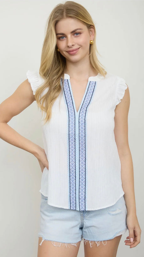 Embroidered Front Flutter Sleeve Tank Top