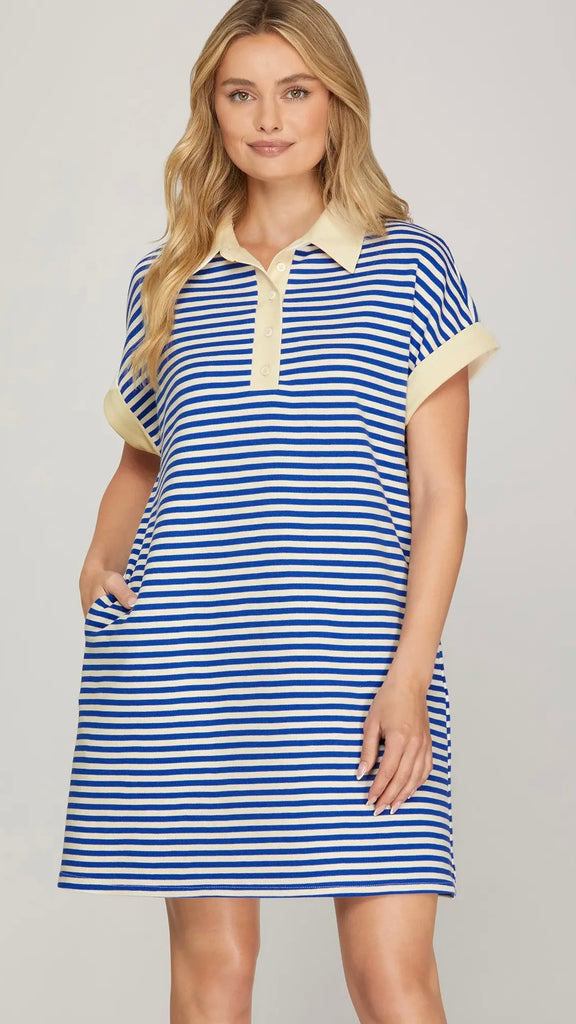 Contrast Trim Stripe Knit Dress w/Pockets