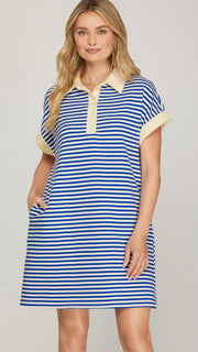 Contrast Trim Stripe Knit Dress w/Pockets