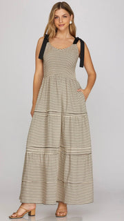 Smocked Stripe Maxi Dress w/Pockets