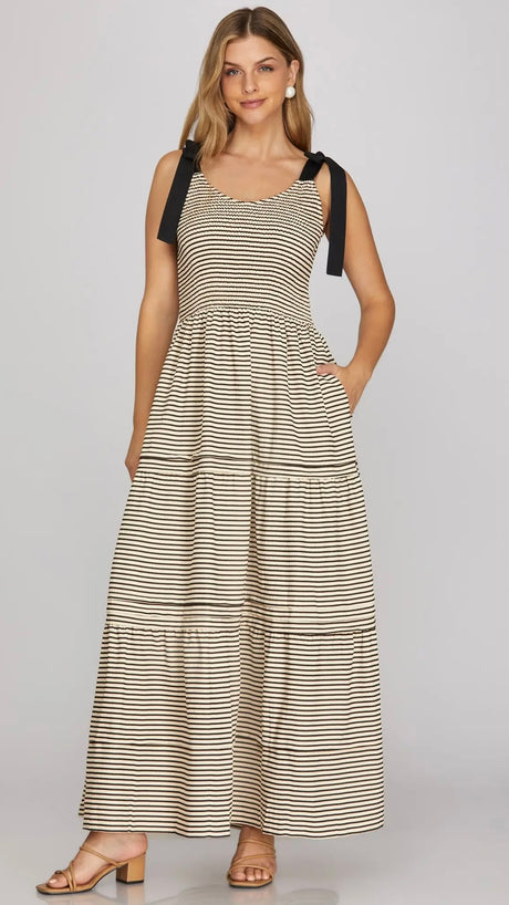 Smocked Stripe Maxi Dress w/Pockets