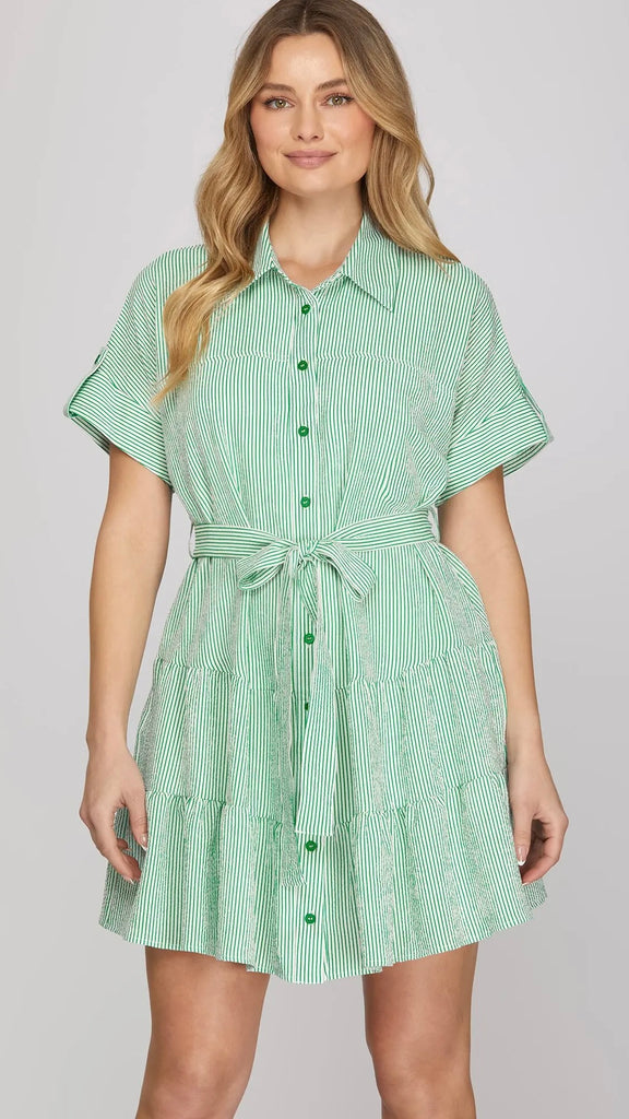 Stripe Tab Sleeve Dress with Pockets