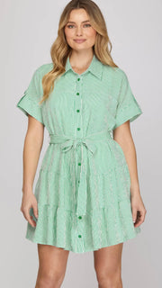 Stripe Tab Sleeve Dress with Pockets