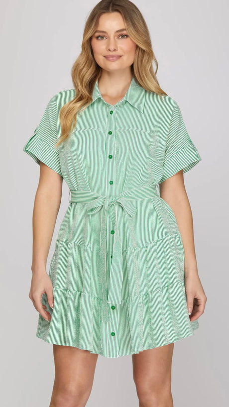 Stripe Tab Sleeve Dress with Pockets