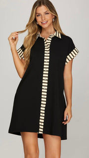 Stripe Trim Knit Dress with Pockets