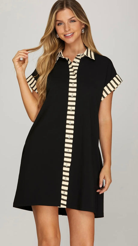 Stripe Trim Knit Dress with Pockets