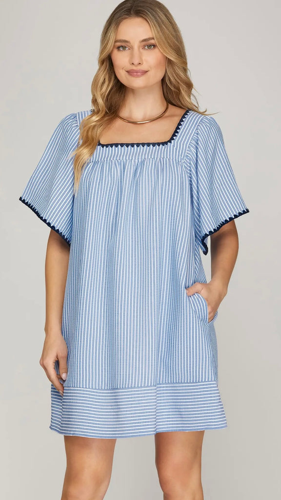 Yarn Trim Stripe Dress w/Pockets