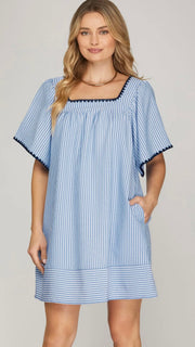 Yarn Trim Stripe Dress w/Pockets