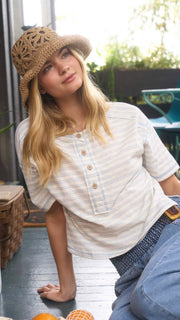 Stripe Raw Seam Button Front Top