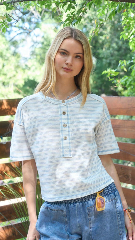 Stripe Raw Seam Button Front Top