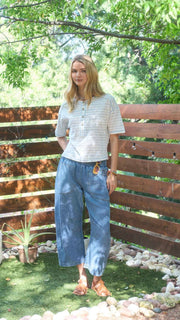 Stripe Raw Seam Button Front Top