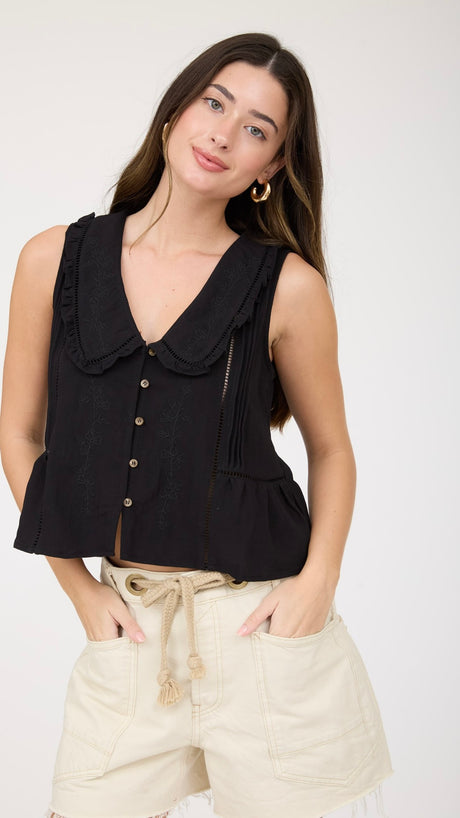 Ruffle Collar Embroidered Peplum Top