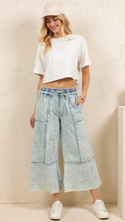 Washed Fray Cotton Wide Leg Pants