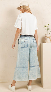 Washed Fray Cotton Wide Leg Pants