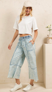 Washed Fray Cotton Wide Leg Pants