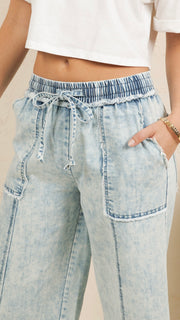 Washed Fray Cotton Wide Leg Pants