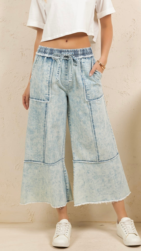 Washed Fray Cotton Wide Leg Pants