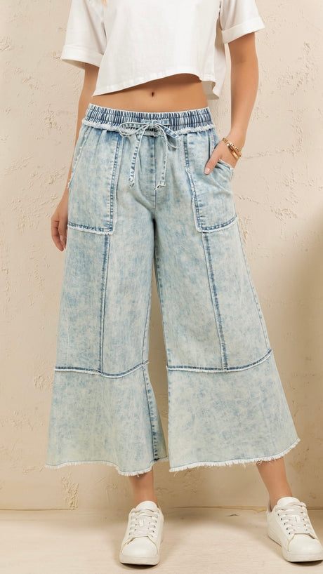 Washed Fray Cotton Wide Leg Pants