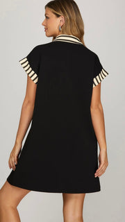 Stripe Trim Knit Dress with Pockets