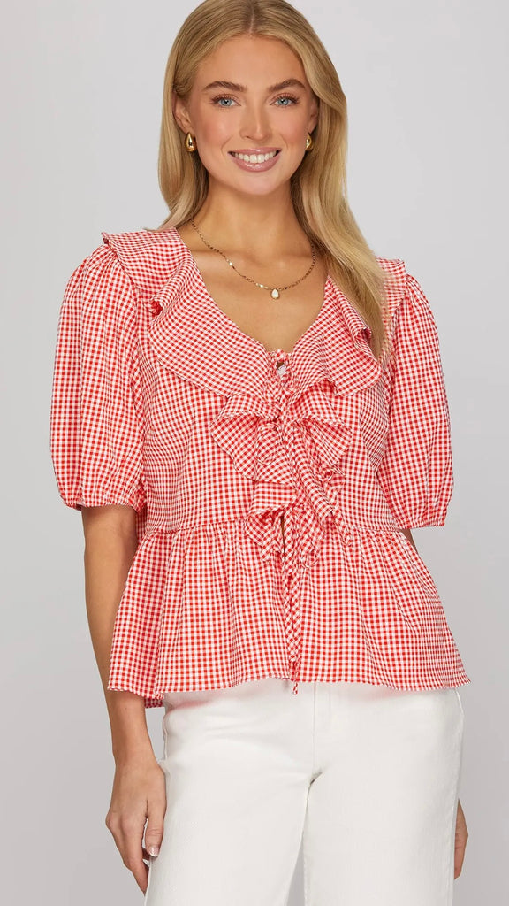 Gingham Ruffle Tie Front Top