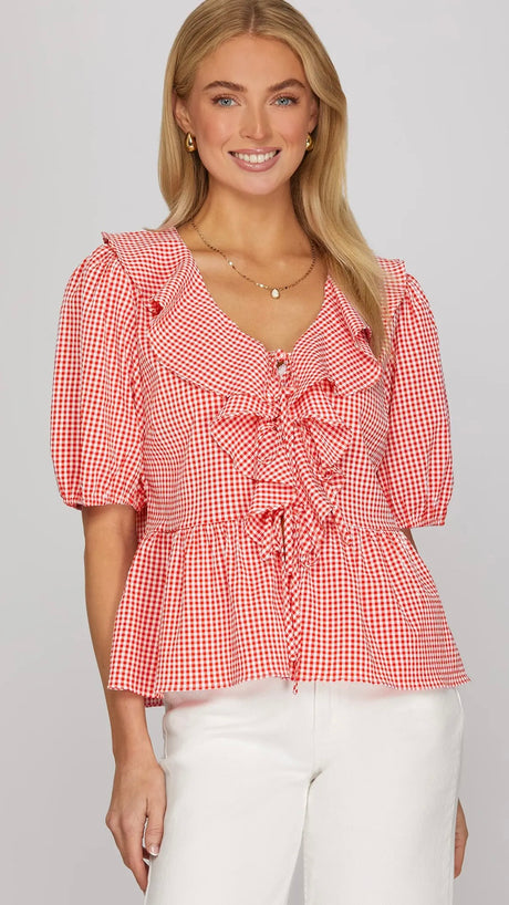 Gingham Ruffle Tie Front Top
