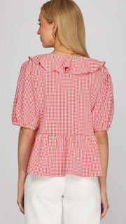 Gingham Ruffle Tie Front Top