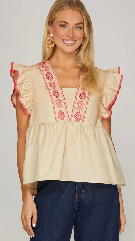 Embroidered V Ruffle Sleeve Top