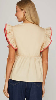 Embroidered V Ruffle Sleeve Top