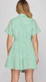 Stripe Tab Sleeve Dress with Pockets