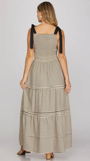 Smocked Stripe Maxi Dress w/Pockets