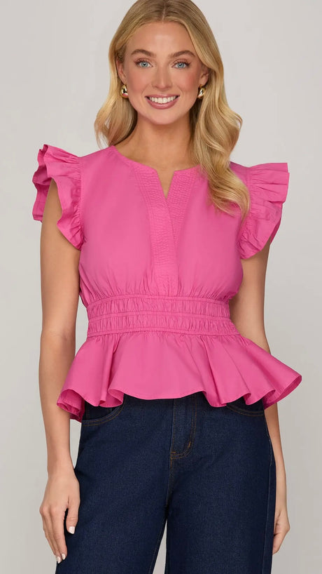 Cotton Ruffle Sleeve Peplum Top