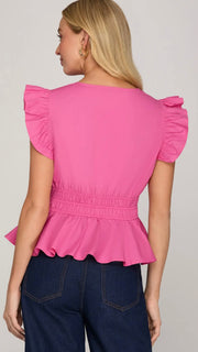 Cotton Ruffle Sleeve Peplum Top